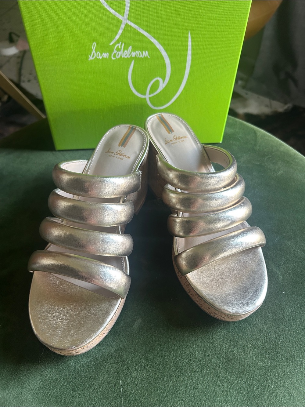 Sam Edelman Iridescent Silver Multi-Strap Wedge Sandals